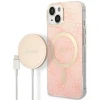 Чохол із зарядним пристроєм Guess 4G Print + Charger Set для iPhone 14 | 13 Pink with MagSafe (GUBPP14SH4EACSP)