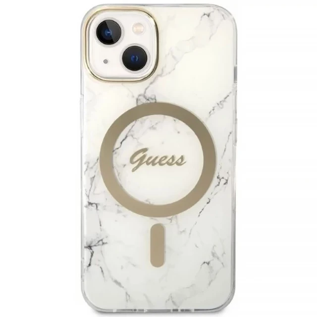 Чохол із зарядним пристроєм Guess Marble + Charger Set для iPhone 14 | 13 White with MagSafe (GUBPP14SHMEACSH)