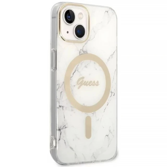 Чохол із зарядним пристроєм Guess Marble + Charger Set для iPhone 14 | 13 White with MagSafe (GUBPP14SHMEACSH)