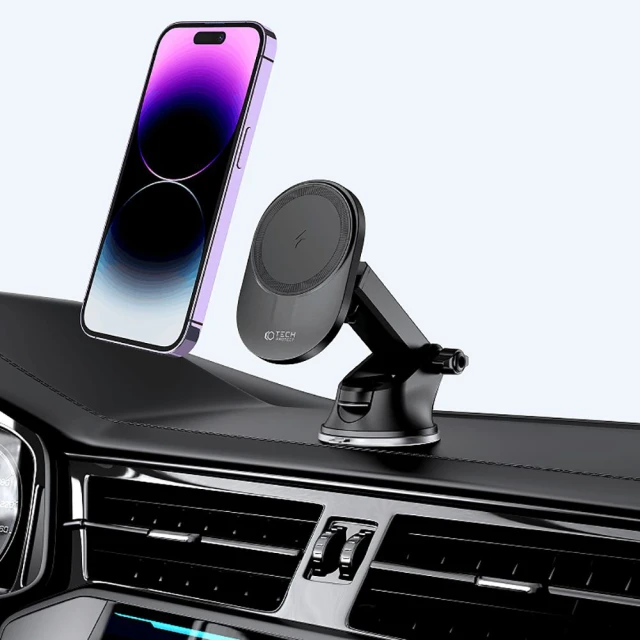 Автотримач з функцією бездротової зарядки Tech-Protect MM15W-V Dashboard & Vent Car Mount Wirelles Charger with MagSafe Black (9490713931073)