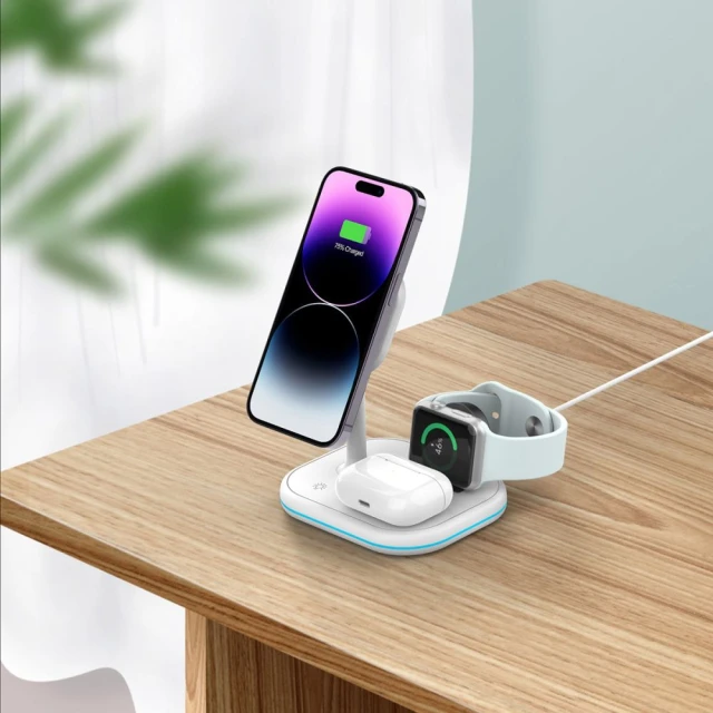 Бездротовий зарядний пристрій Tech-Protect 15W-A27 Magnetic 3-in-1 White with MagSafe (9490713934647)