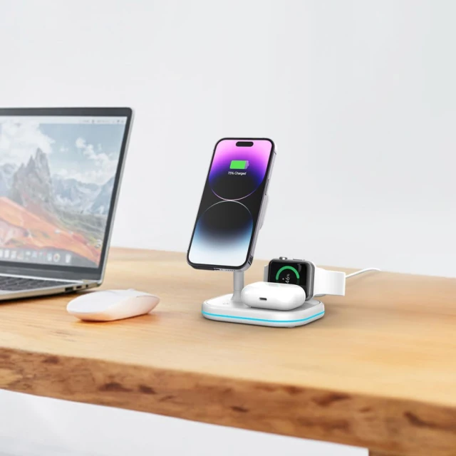 Бездротовий зарядний пристрій Tech-Protect 15W-A27 Magnetic 3-in-1 White with MagSafe (9490713934647)