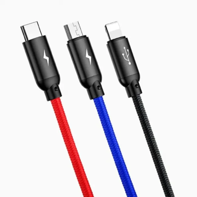 Кабель Baseus Three Primary Colors 3-in-1 USB-A to USB-C/Lightning/Micro-USB 0.3m Black (CAMLT-ASY01)