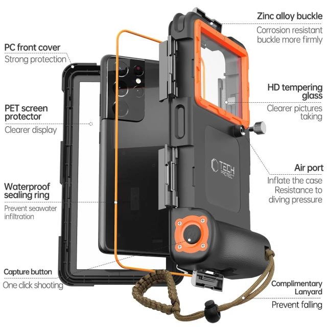 Водонепроникний чохол Tech-Protect IPX8 Universal Diving Waterproof Case Black Orange (5906302310234)