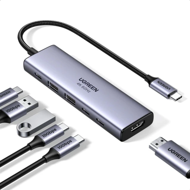 USB-хаб Ugreen USB-C to HDMI 4K | 2x USB-A | 2x USB-C PD 100W Grey (6941876239993)