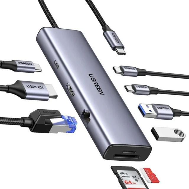 USB-хаб Ugreen USB-C to 3x USB-A | HDMI | VGA | RJ45 | SD/TF PD 100W Grey (6941876213757)