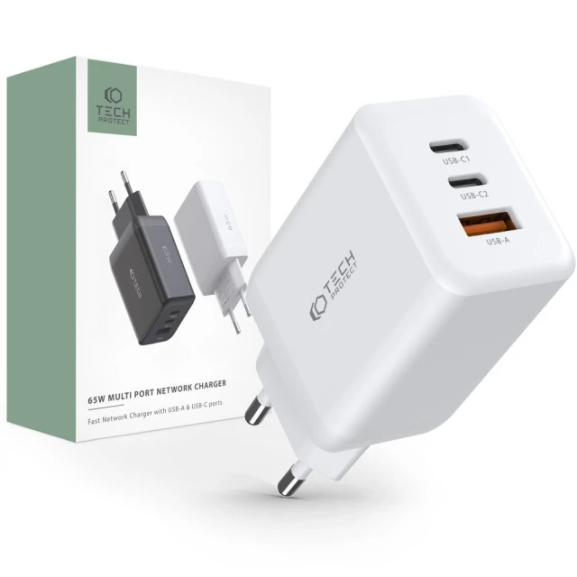 Мережевий зарядний пристрій Tech-Protect QC/PD 65W 2xUSB-C | USB-A White (9490713934517)