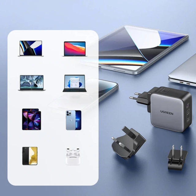 Мережевий зарядний пристрій Ugreen Nexode QC/PD UK | EU | US 65W 2xUSB-C | USB-A Grey (90409)