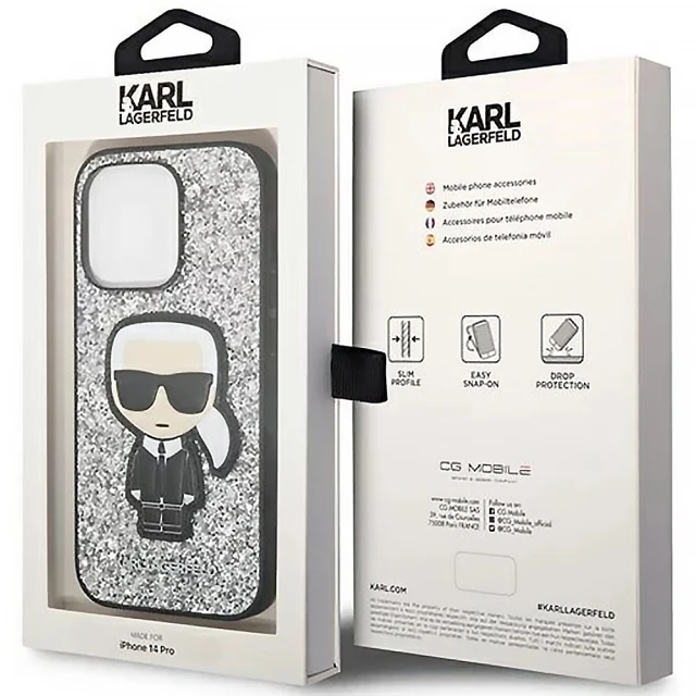 Чохол Karl Lagerfeld Glitter Flakes Iconik для iPhone 14 Pro Silver (KLHCP14LGFKPG)