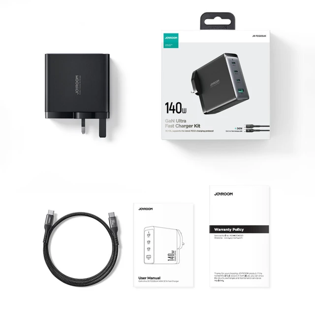 Мережевий зарядний пристрій Joyroom 140W 3xUSB-C | USB-A with USB-C to USB-C Cable 1.2m Black (JR-TCG05)