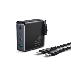 Мережевий зарядний пристрій Joyroom 140W 3xUSB-C | USB-A with USB-C to USB-C Cable 1.2m Black (JR-TCG05)