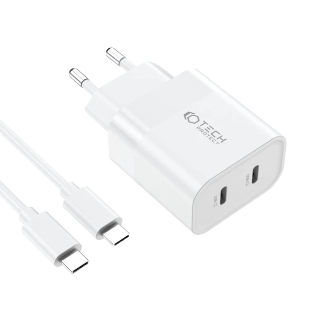 Мережевий зарядний пристрій Tech-Protect 20W 2xUSB-C with USB-C to USB-C Cable 1m White (9319456607291)