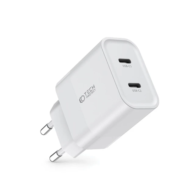 Мережевий зарядний пристрій Tech-Protect 20W 2xUSB-C White (9319456607093)