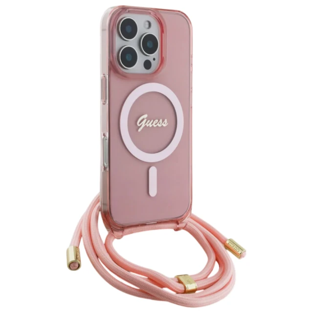 Чохол Guess Crossbody Cord Script для iPhone 16 Pro Max Pink with MagSafe (GUHMP16XHCTSGNSP)