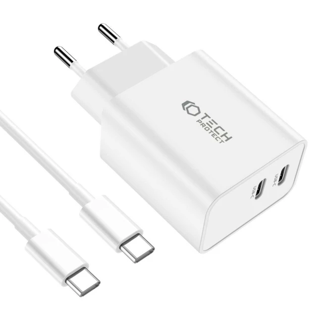 Мережевий зарядний пристрій Tech-Protect PD 35W 2xUSB-C with USB-C to USB-C Cable 1m White (9319456605570)