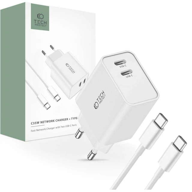Мережевий зарядний пристрій Tech-Protect PD 35W 2xUSB-C with USB-C to USB-C Cable 1m White (9319456605570)