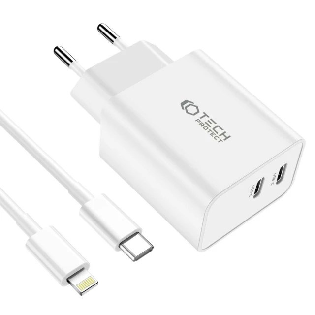 Мережевий зарядний пристрій Tech-Protect PD 35W 2xUSB-C with USB-C to Lightning Cable 1m White (9319456605587)