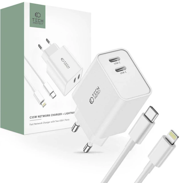Мережевий зарядний пристрій Tech-Protect PD 35W 2xUSB-C with USB-C to Lightning Cable 1m White (9319456605587)