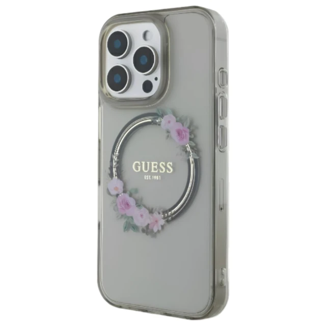 Чохол Guess IML Flowers Wreath для iPhone 16 Pro Black with MagSafe (GUHMP16LHFWFCK)
