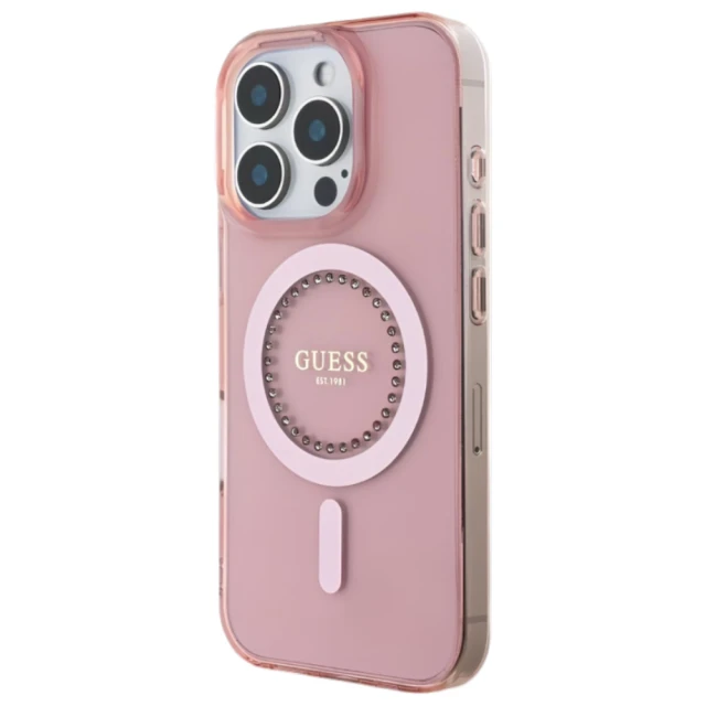 Чохол Guess IML Rhinestones для iPhone 16 Pro Max Pink with MagSafe (GUHMP16XPFTDTEP)