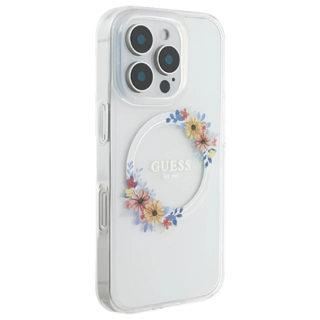 Чохол Guess IML Flowers Wreath для iPhone 16 Pro Transparent with MagSafe (GUHMP16LHFWFCT)