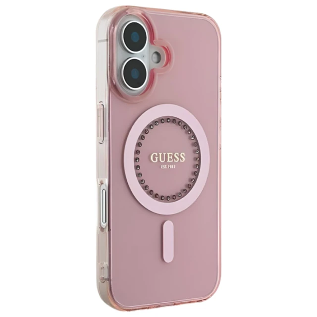 Чохол Guess IML Rhinestones для iPhone 16 Plus Pink with MagSafe (GUHMP16MPFTDTEP)