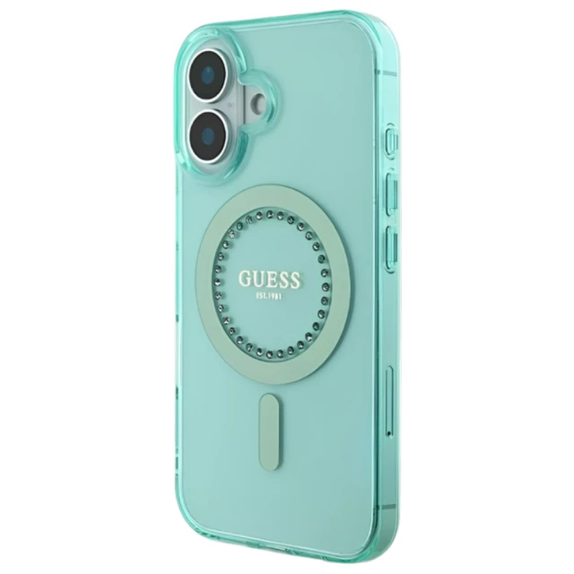 Чохол Guess IML Rhinestones для iPhone 16 Green with MagSafe (GUHMP16SPFTDTEN)