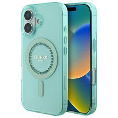 Чохол Guess IML Rhinestones для iPhone 16 Green with MagSafe (GUHMP16SPFTDTEN)