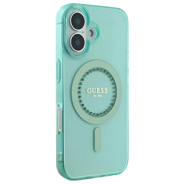 Чохол Guess IML Rhinestones для iPhone 16 Green with MagSafe (GUHMP16SPFTDTEN)