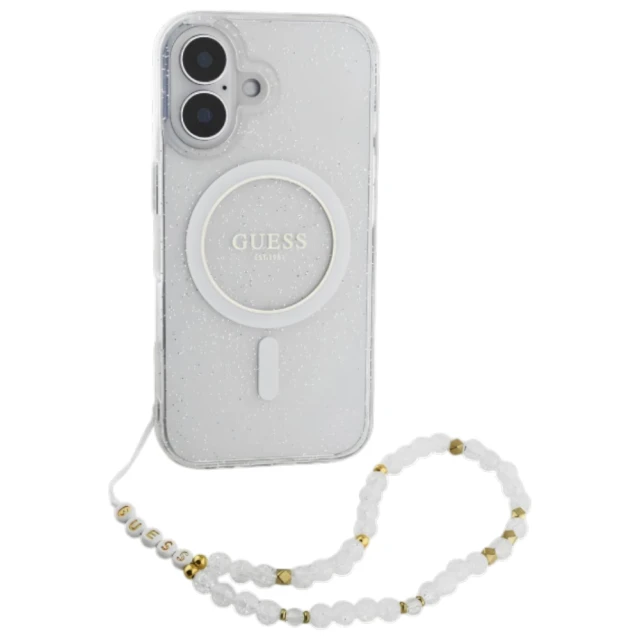 Чехол Guess IML Glitter with Pearl Strap для iPhone 16 Transparent with MagSafe (GUHMP16SHGCRELST)