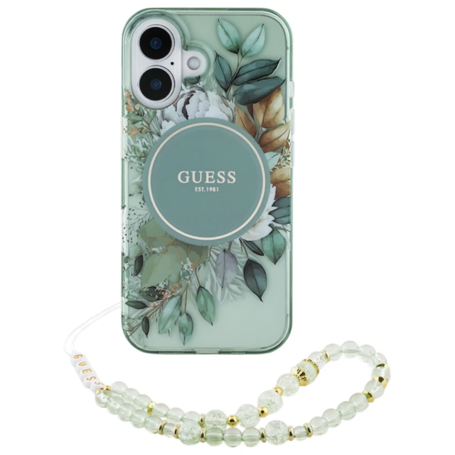 Чохол Guess IML Flowers with Pearl Strap для iPhone 16 Plus Green with MagSafe (GUHMP16MHFWBRCESN)