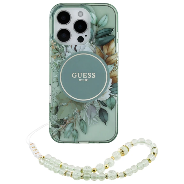 Чохол Guess IML Flowers with Pearl Strap для iPhone 16 Pro Green with MagSafe (GUHMP16LHFWBRCESN)