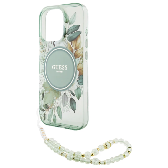 Чохол Guess IML Flowers with Pearl Strap для iPhone 16 Pro Green with MagSafe (GUHMP16LHFWBRCESN)
