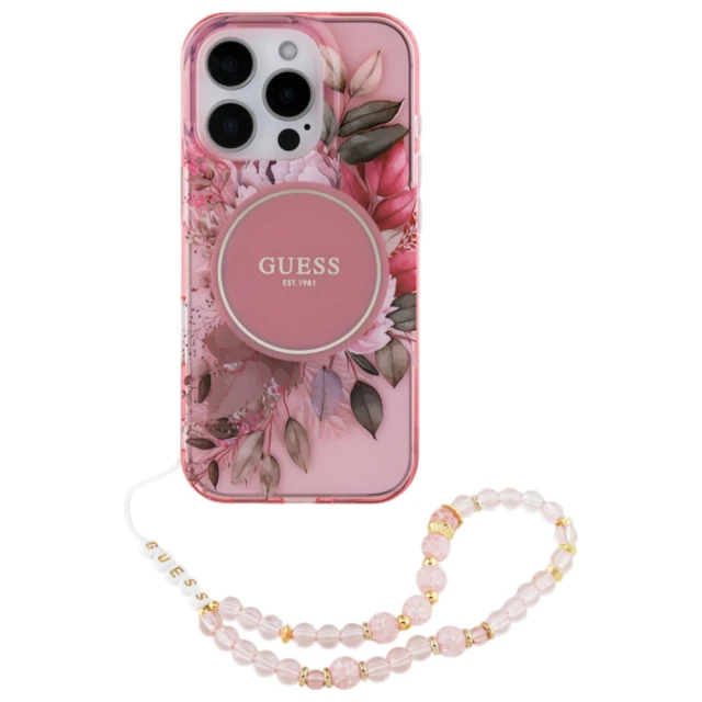 Чохол Guess IML Flowers with Pearl Strap для iPhone 16 Pro Pink with MagSafe (GUHMP16LHFWBRCESP)