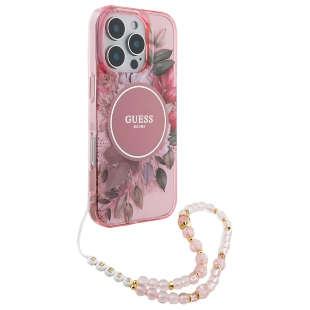 Чохол Guess IML Flowers with Pearl Strap для iPhone 16 Pro Pink with MagSafe (GUHMP16LHFWBRCESP)