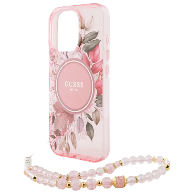 Чохол Guess IML Flowers with Pearl Strap для iPhone 16 Pro Pink with MagSafe (GUHMP16LHFWBRCESP)