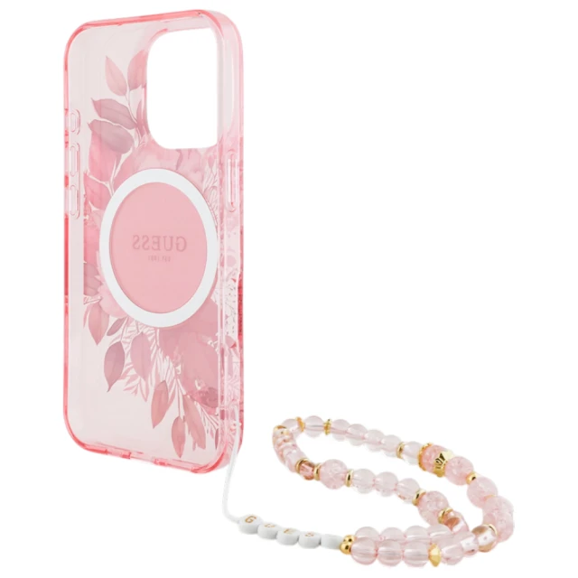 Чохол Guess IML Flowers with Pearl Strap для iPhone 16 Pro Pink with MagSafe (GUHMP16LHFWBRCESP)