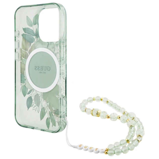 Чохол Guess IML Flowers with Pearl Strap для iPhone 16 Pro Max Green with MagSafe (GUHMP16XHFWBRCESN)
