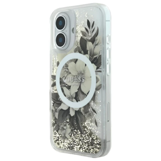 Чохол Guess Liquid Glitter Flower для iPhone 16 Beige with MagSafe (GUHMP16SLFMWTE)