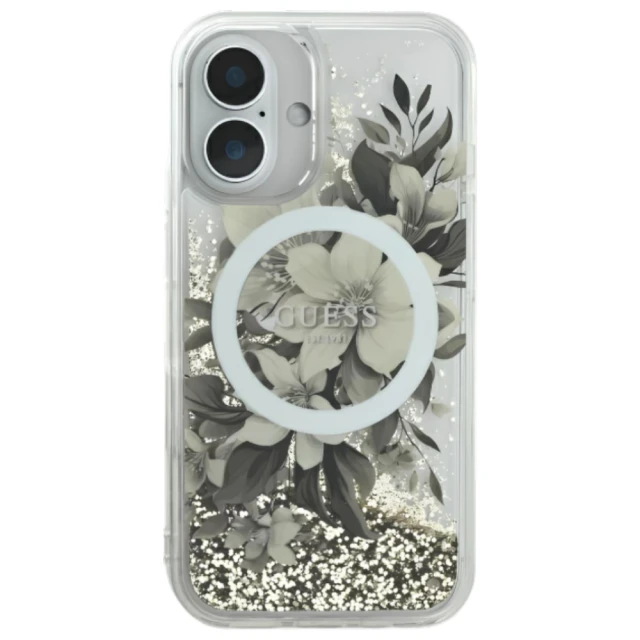 Чохол Guess Liquid Glitter Flower для iPhone 16 Beige with MagSafe (GUHMP16SLFMWTE)