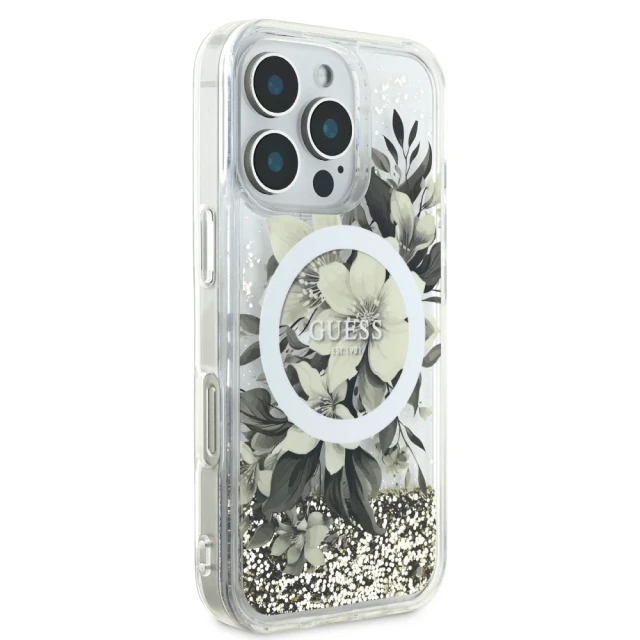 Чохол Guess Liquid Glitter Flower для iPhone 16 Pro Beige with MagSafe (GUHMP16LLFMWTE)