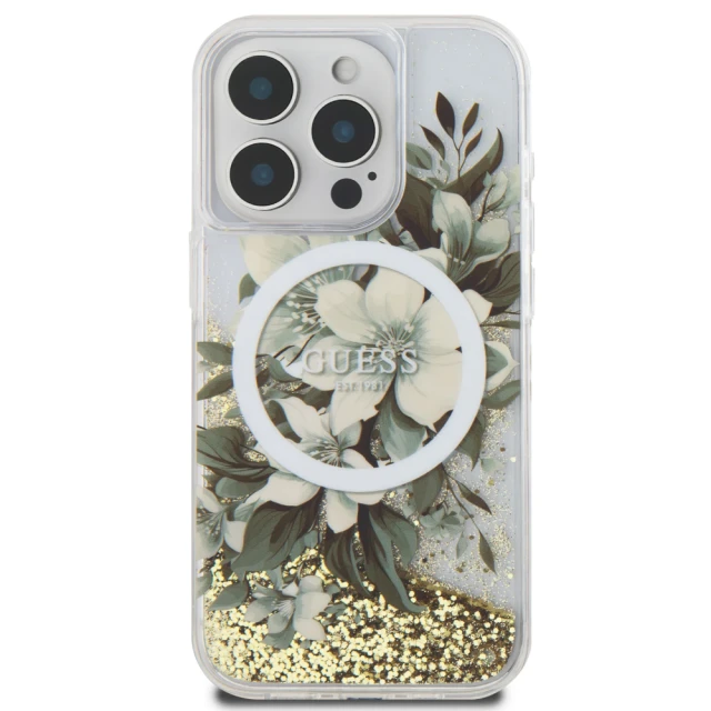 Чохол Guess Liquid Glitter Flower для iPhone 16 Pro Beige with MagSafe (GUHMP16LLFMWTE)