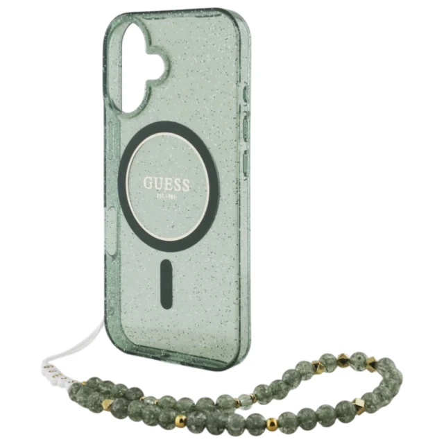 Чохол Guess IML Glitter with Pearl Strap для iPhone 16 Green with MagSafe (GUHMP16SHGCRELSA)