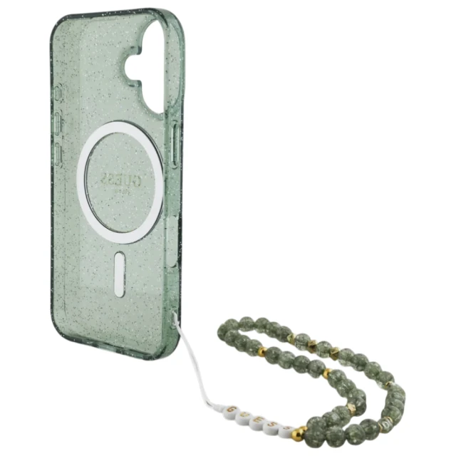 Чохол Guess IML Glitter with Pearl Strap для iPhone 16 Green with MagSafe (GUHMP16SHGCRELSA)