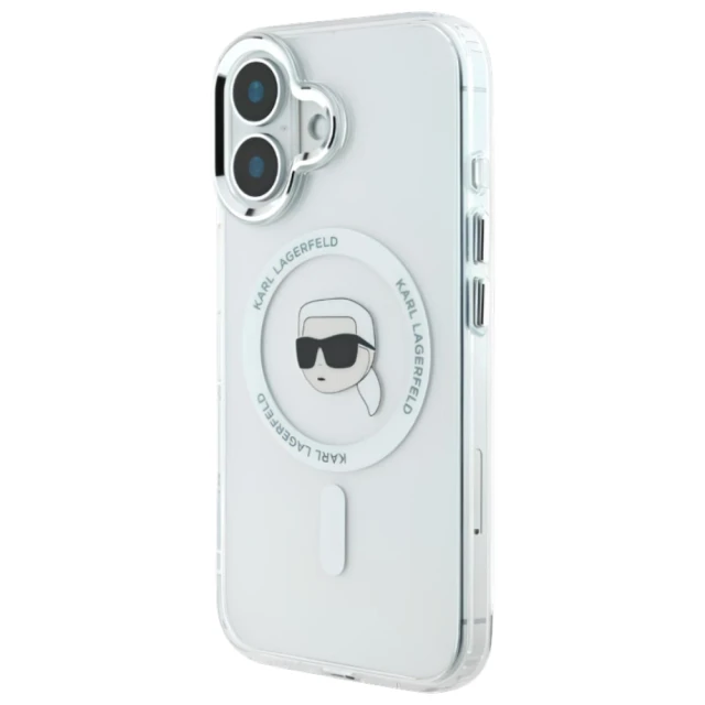 Чохол Karl Lagerfeld IML Metal Karl Head для iPhone 16 White with MagSafe (KLHMP16SHLSKIH)