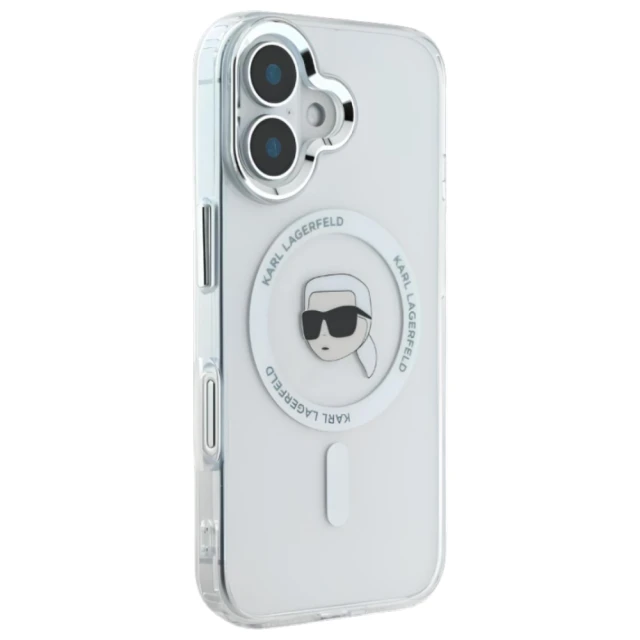 Чохол Karl Lagerfeld IML Metal Karl Head для iPhone 16 White with MagSafe (KLHMP16SHLSKIH)