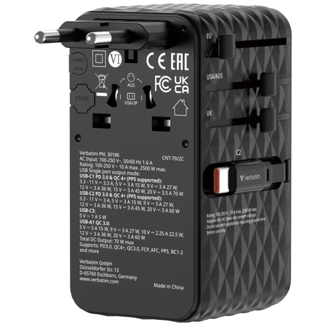 Адаптер Verbatim подорожній EU/UK/US GaN 1xUSB-C/1xUSB-A/2xUSB-C PD 70W Black (30186)