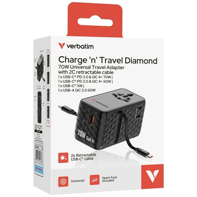 Адаптер Verbatim подорожній EU/UK/US GaN 1xUSB-C/1xUSB-A/2xUSB-C PD 70W Black (30186)