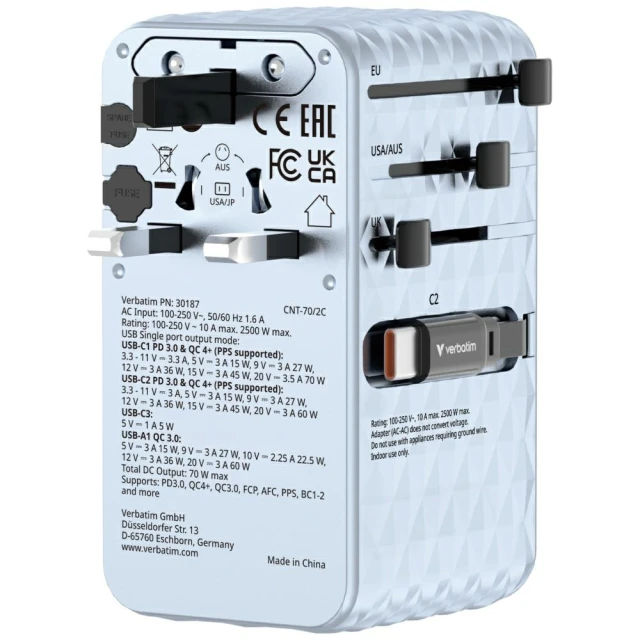 Адаптер Verbatim EU/UK/US GaN 1xUSB-C/1xUSB-A/2xUSB-C PD 70W Blue (30187)
