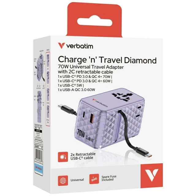 Адаптер Verbatim Travel GaN 70W Purple (30188)